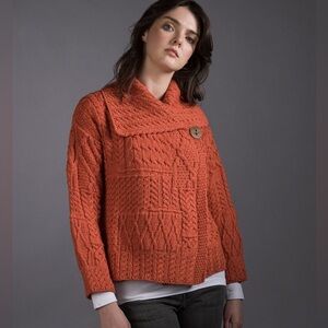 The Irish Store One Button Aran Cardigan Orange Multi Cable Pattern - Size L